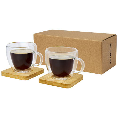 2 tasses en verre 100 ml et sous-verre en bambou Manti Translucide et Naturel